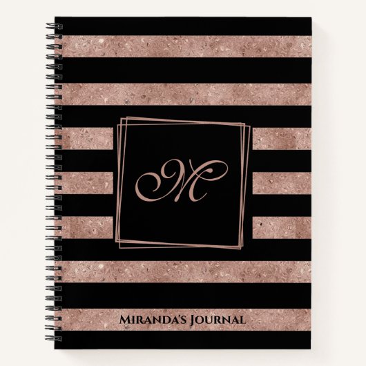 Elegant Black Roos Gold Glitter Striped Monogram Notitieboek (Voorkant)