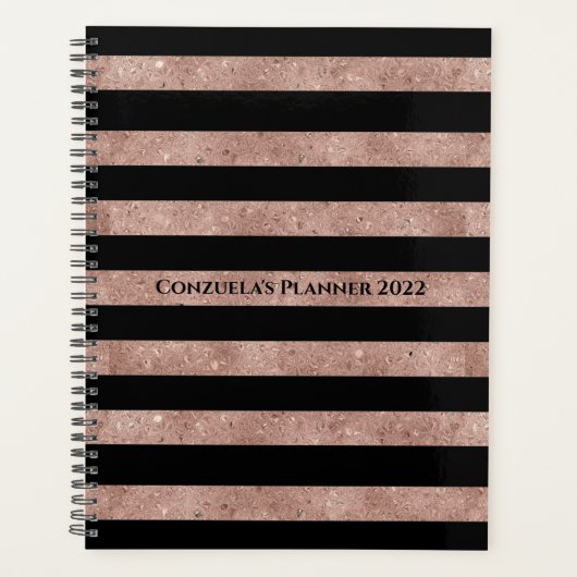Elegant Black Roos Gold Glitter Striped Planner (Voorkant)