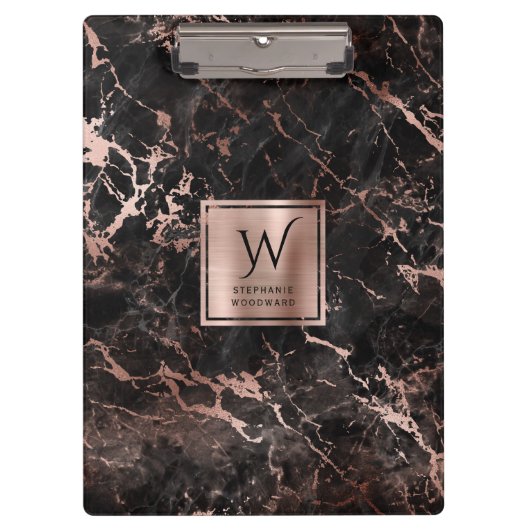 Elegant Black Roos Gold Marble Monogram Klembord (Voorkant)