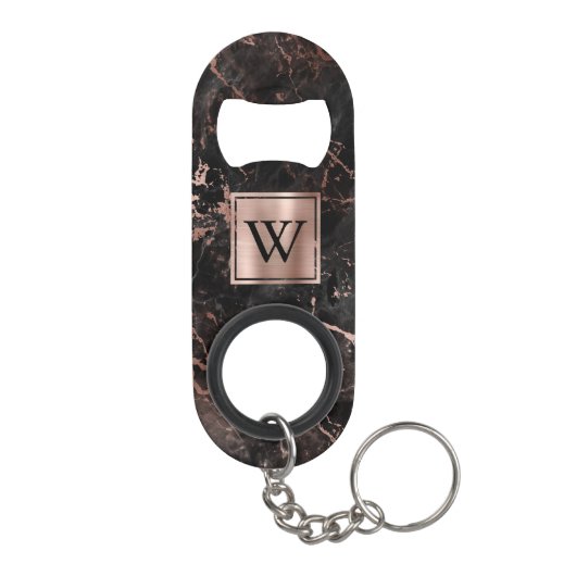 Elegant Black Roos Gold Marble Monogram Mini Flessenopener (Achterkant)