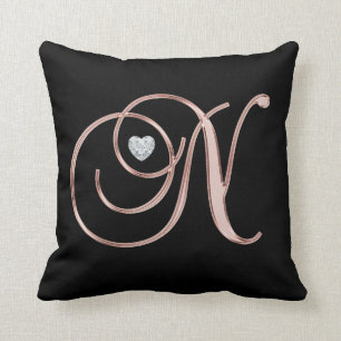 Elegant Black Roos Gold Monogram Letter 'N ' Kussen