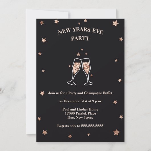 Elegant Black & Roos Gold New Years Eve Party Kaart (Voorkant)