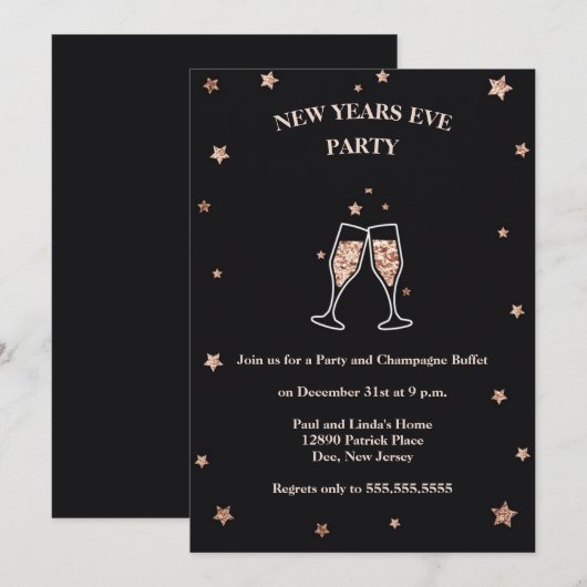 Elegant Black & Roos Gold New Years Eve Party Kaart (Voorkant / Achterkant)
