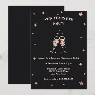 Elegant Black & Roos Gold New Years Eve Party Kaart