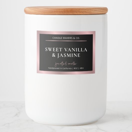 Elegant Black & Roos Gold productverpakkingslabel Voedselcontainer Etiket (Voorkant)