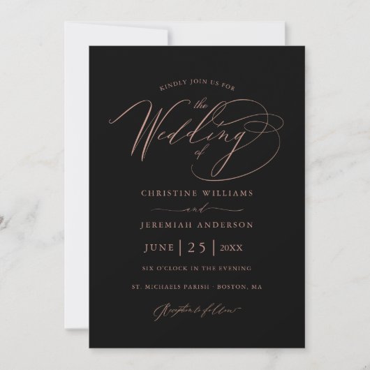 Elegant Black Roos Gold Script Minimalist Weddensc Kaart (Voorkant)