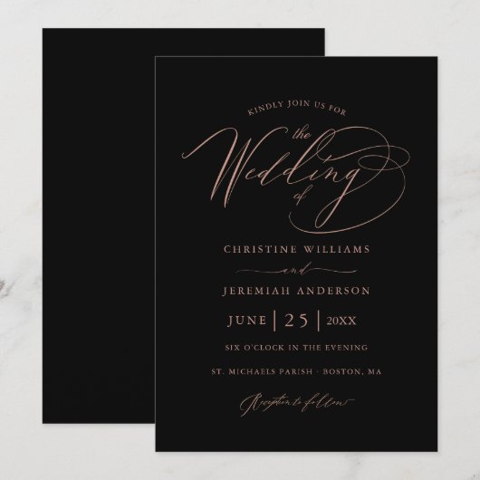 Elegant Black Roos Gold Script Minimalist Weddensc Kaart (Voorkant / Achterkant)