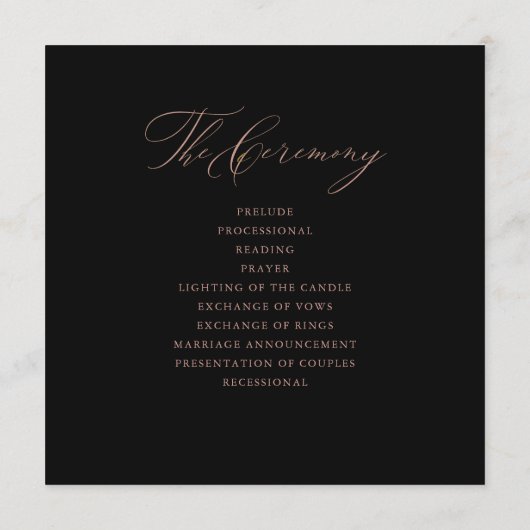 Elegant Black Roos Gold Script Typography Weddensc Programmakaart (Achterkant)