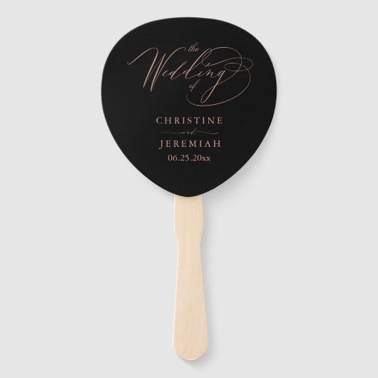 Elegant Black Roos Gold Script Weddenprogramma Handwaaier (Voorkant)