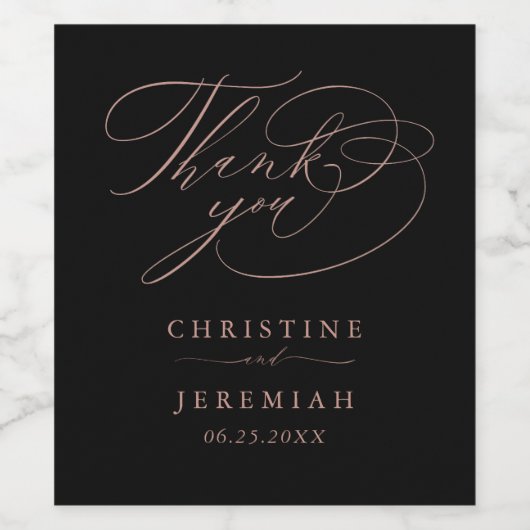 Elegant Black Roos Gold Script Weduwen Hartelijk d Wijn Etiket (Enkel label)