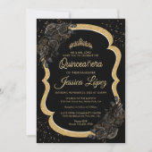 Elegant Black Rose and Gold Quinceanera Kaart (Voorkant)