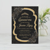 Elegant Black Rose and Gold Quinceanera Kaart (Staand voorkant)