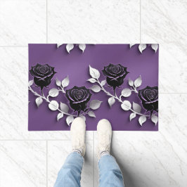 Elegant Black Roses With Silver Leaves Deurmat