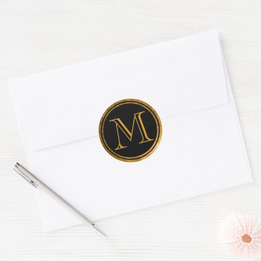 Elegant Black Round Gold Foil omhulde monogram Ronde Sticker (Envelop)