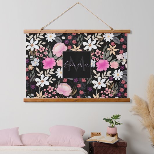 Elegant Black Roze Wildbloemen Boho Floral Paint Hangend Wandkleed (Slaapkamer)
