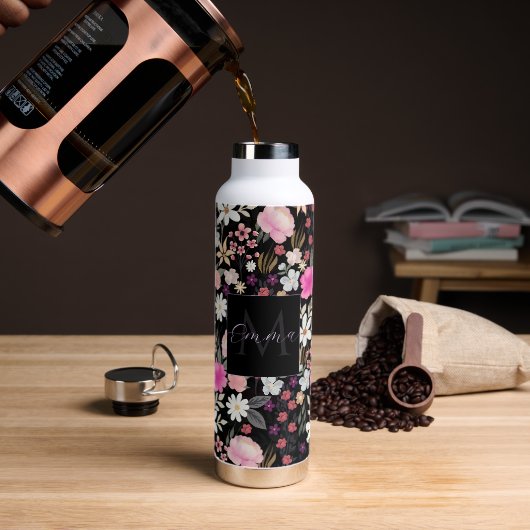 Elegant Black Roze Wildbloemen Boho Floral Paint Waterfles (Koffie)