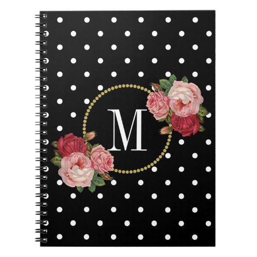 Elegant Black  Rozen Flowers Stippen Monogram Notitieboek (Voorkant)