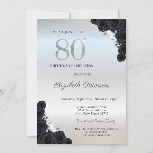 Elegant Black Rozen Silver 80th Birthday Kaart (Voorkant)