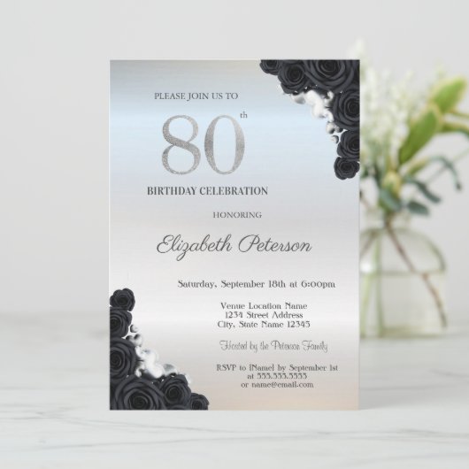 Elegant Black Rozen Silver 80th Birthday Kaart (Staand voorkant)