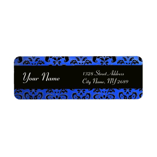 ELEGANT BLACK SAPPHIRE BLUE DAMASK ETIKET (Voorkant)