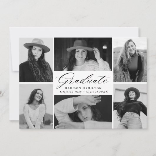 Elegant Black Script 12 Photo Collage Afstuderen Aankondiging (Voorkant)