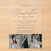 Elegant Black Script 3 fotoafstudeerfeest Acryl Uitnodigingen (Voorkant)