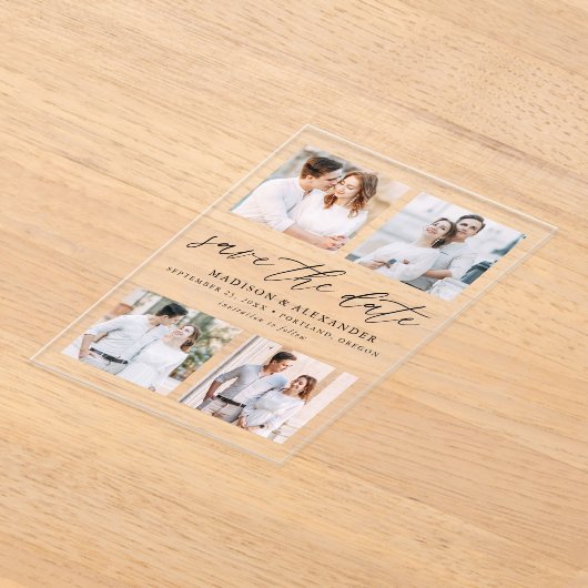 Elegant Black Script 4 Photo Wedding Sla de datum  Acryl Uitnodigingen (Laagn)