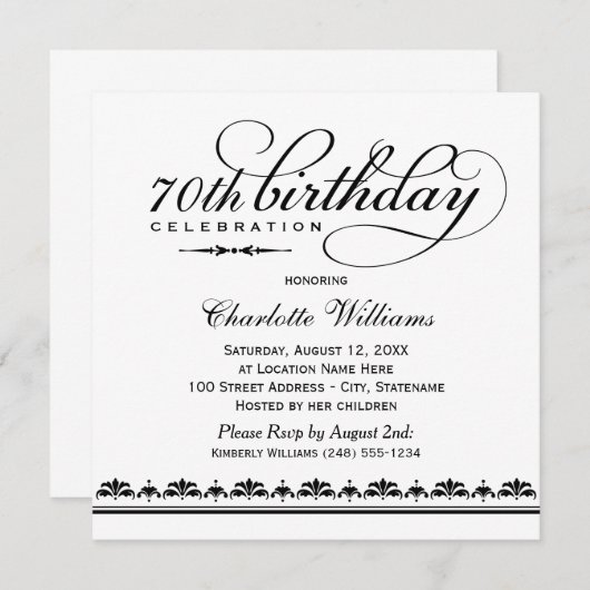 Elegant Black Script 70th Birthday Celebration Kaart (Voorkant / Achterkant)