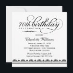 Elegant Black Script 70th Birthday Celebration Kaart<br><div class="desc">De elegante en de de feestuitnodiging van de de milestone verjaardag van de steen kenmerkt een rubriek van het kalligrafiemanuscript met douanetekst en demask/striped grensdetail. Vierkant ontwerp. Zwart-wit kleurenschema.</div>