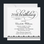 Elegant Black Script 70th Birthday Celebration Kaart<br><div class="desc">De elegante en de de feestuitnodiging van de de milestone verjaardag van de steen kenmerkt een rubriek van het kalligrafiemanuscript met douanetekst en demask/striped grensdetail. Vierkant ontwerp. Zwart-wit kleurenschema.</div>
