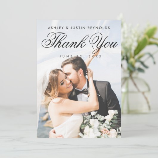 Elegant Black Script Aangepaste Volledige Foto Bru Bedankkaart (Staand voorkant)