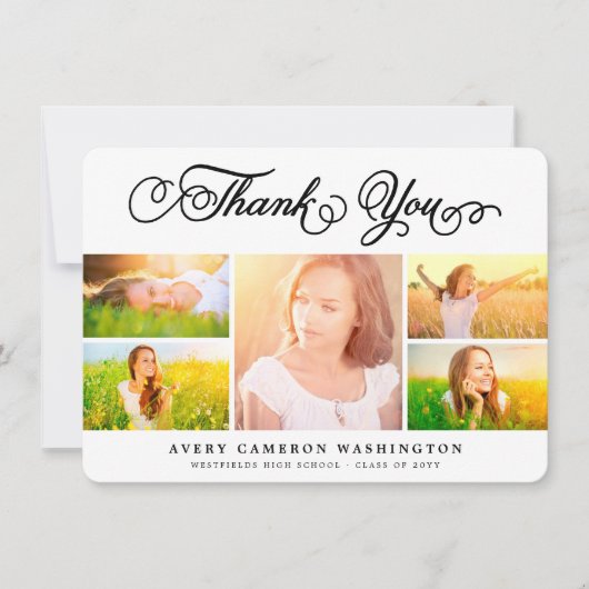 Elegant Black Script Afstuderen 5 Photo Collage Bedankkaart (Voorkant)