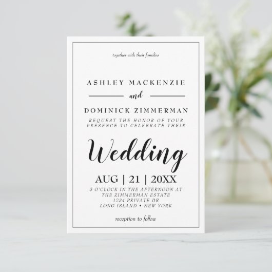 Elegant Black Script Borded Wedding Invitation Kaart (Staand voorkant)