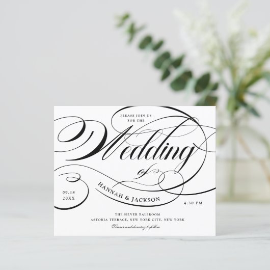 Elegant Black Script Budget Weduwen Uitnodiging (Staand voorkant)