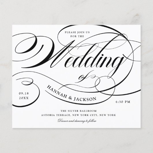 Elegant Black Script Budget Weduwen Uitnodiging (Voorkant)