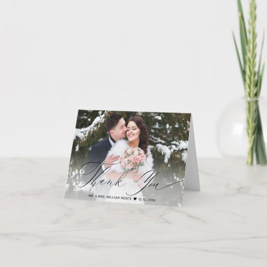 Elegant Black Script Calligraphy Photo Wedding Bedankkaart (Voorkant)