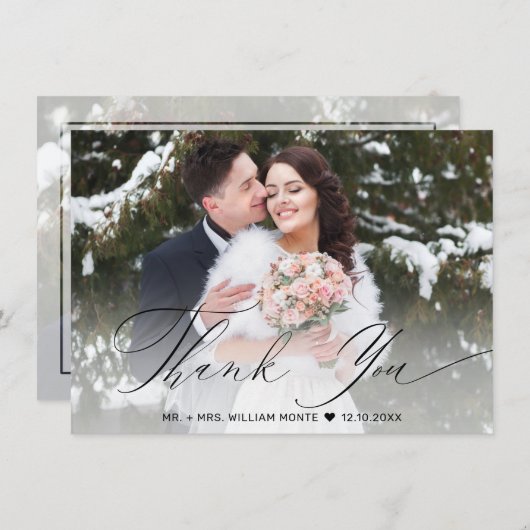 Elegant Black Script Calligraphy Photo Wedding Bedankkaart (Voorkant / Achterkant)