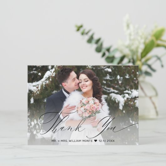 Elegant Black Script Calligraphy Photo Wedding Bedankkaart (Staand voorkant)