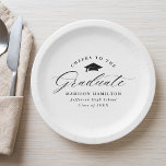 Elegant Black Script Cheers naar de Afstuderen Papieren Bordje<br><div class="desc">Elegant afstuderen papier borden voorzien van een graduatiemap met de zin "Cheers to the Afstuderen" in een zwart calligrafiescript op een witte achtergrond. Pas de moderne papieren borden van het afstuderen aan met de naam van de afgestudeerde, de schoolnaam en het afstuderen jaar. De eenvoudige afstuderen borden zijn perfect voor...</div>