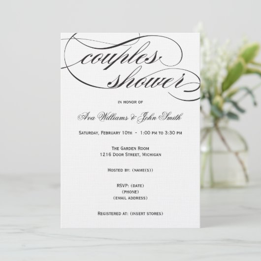 Elegant Black Script Couples Shower Invitation Kaart (Staand voorkant)