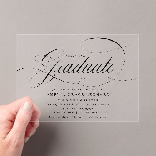 Elegant Black Script Graduation Party Acryl Uitnodigingen (Insitu (Draagbaar))