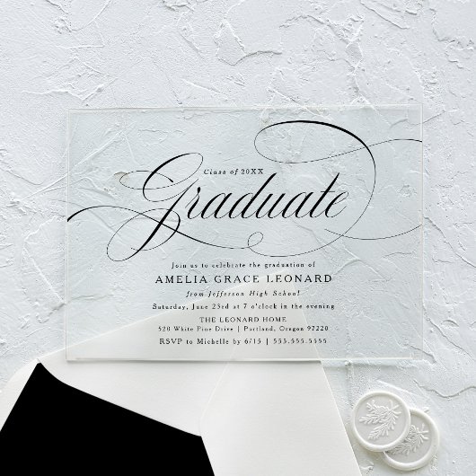 Elegant Black Script Graduation Party Acryl Uitnodigingen
