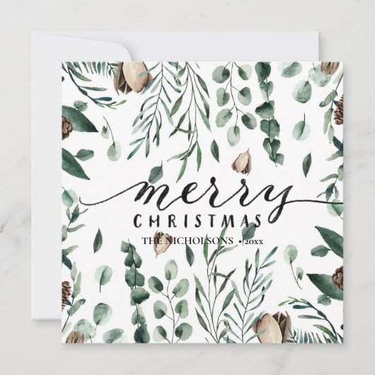 Elegant Black Script Magnolia Eucalyptus Greenery Feestdagenkaart (Voorkant)