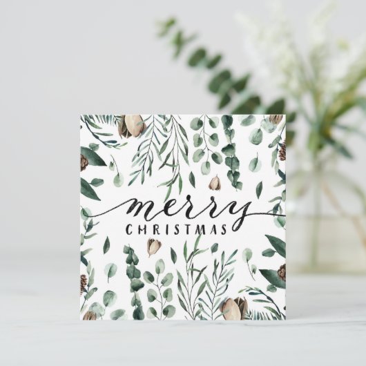 Elegant Black Script Magnolia Eucalyptus Greenery Feestdagenkaart (Staand voorkant)