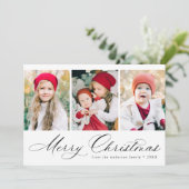 Elegant Black Script Merry kerst 3 Foto Feestdagenkaart (Staand voorkant)