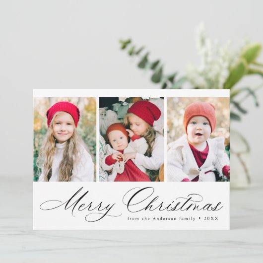 Elegant Black Script Merry kerst 3 Foto Feestdagenkaart (Staand voorkant)