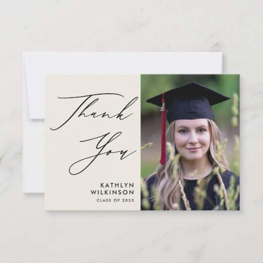 Elegant Black Script Minimalist Photo Afstuderen Bedankkaart (Voorkant)