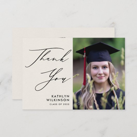 Elegant Black Script Minimalist Photo Afstuderen Bedankkaart (Voorkant / Achterkant)