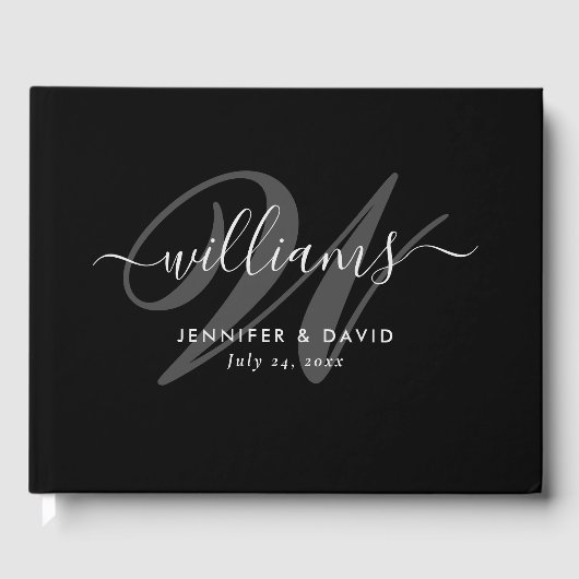 Elegant Black Script Monogram Weddenschap Boek (Voorkant)