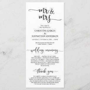 Elegant Black Script, Mr en Mrs Wedding Ceremonie Programmakaart